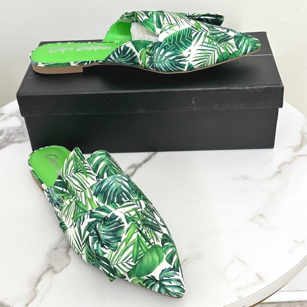 Cape Robbin Green White Tropical Leaf Pointed Mules Slides Size 10 Tropical